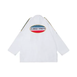 A&P BRG Competition Gi White Back Side – Albino & Preto Brazilian Jiu-Jitsu gi in white with blue, red, and gold embroidery, IBJJF-approved for competition.
