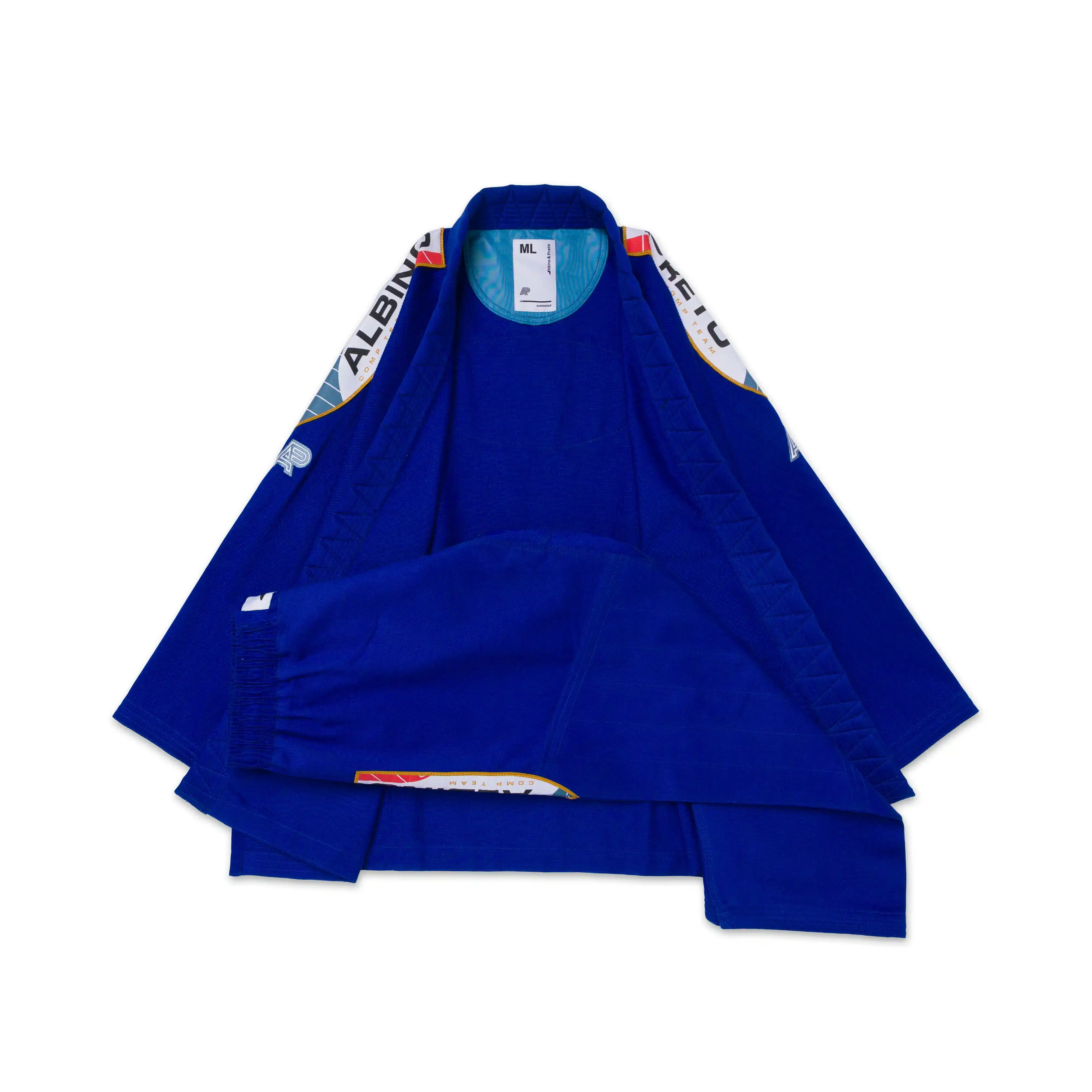 A&P BRG Comp BJJ Gi full kit in royal blue, 380GSM jacket with 10oz FEP pants, BRG embroidery, IBJJF-approved set.
