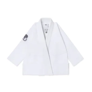 A&P BW Essential Kids BJJ Gi in white, 350GSM pearl weave, top front view; 8oz cotton pants, BW embroidery