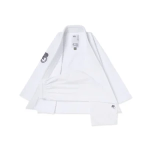 A&P BW Essential Kids BJJ Gi full set in white; 350GSM pearl weave, BW embroidery; 8oz cotton pants, front view