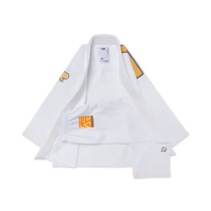 Full kit of Albino & Preto OBY HB Classic Kids BJJ Gi in white, jacket and pants with OBY accents and IBJJF approved design