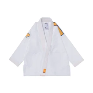 Albino & Preto OBY HB Classic Kids BJJ Gi jacket front, white with blue, orange, yellow accents, 380GSM Pearl Weave