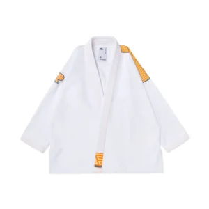 Albino & Preto OBY HB Classic BJJ Gi in white, jacket front view with 400GSM Pearl Weave and royal blue OBY accents.