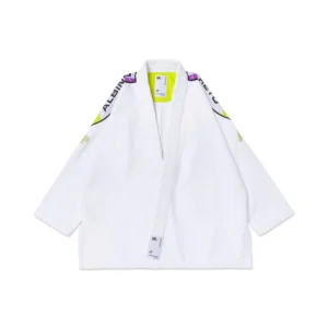 Albino and Preto PGL Comp BJJ Gi jacket front in white, MN001 fit, 380GSM Pearl Weave, IBJJF approved for competition.