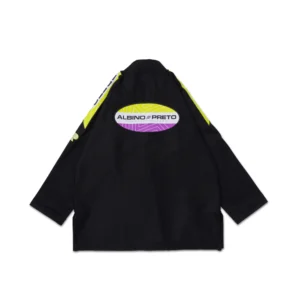 Back view of A&P PGL Comp Gi jacket, black 380GSM Pearl Weave with purple, grey, lime detailing and reinforced seams.