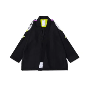Front view of A&P PGL Comp BJJ Gi jacket in black, 380GSM Pearl Weave with purple, grey, and lime accents, IBJJF approved.