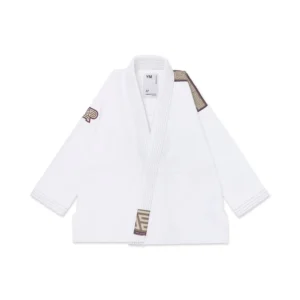 Albino & Preto POC kids BJJ gi white front view, 380GSM pearl weave jacket, IBJJF approved youth uniform