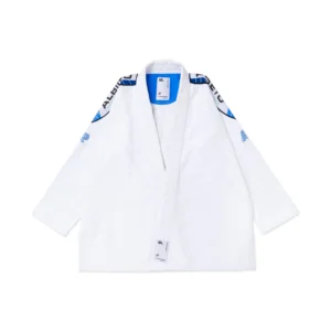 Albino & Preto RNG Comp BJJ Gi in white, jacket front showing 380GSM Pearl Weave and royal accents for adult competitors