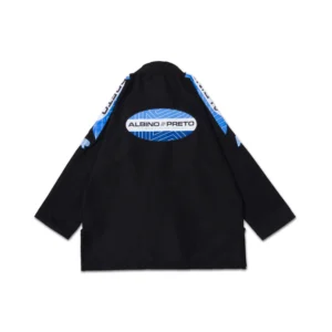 Albino & Preto (A&P) A&P RNG Comp BJJ Gi Black back view with MN001 yoke and reinforced panels; royal accent supports quick team recognition.