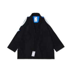 Albino & Preto (A&P) A&P RNG Comp BJJ Gi Black front view showing 380GSM Pearl Weave, MN001 fit; black with royal, navy, green accents, IBJJF approved.