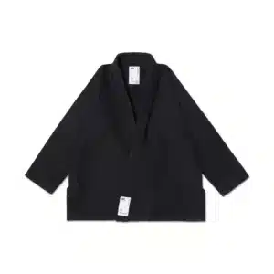 Front view of Albino & Preto A&P Workwear BJJ Gi jacket in black, 380GSM pearl weave, IBJJF approved, adult classic fit