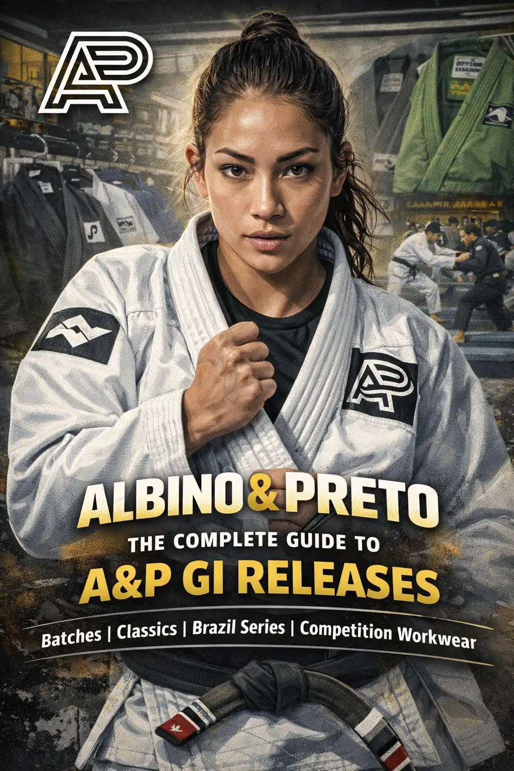 Young female Brazilian Jiu-Jitsu athlete wearing Albino & Preto white gi, intense expression, with BJJ training area in the background.