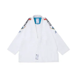 Albino & Preto BRG Comp BJJ Gi White – 380GSM, IBJJF Approved jacket front Albino & Preto BRG Comp BJJ Gi white jacket front view, 380GSM pearl weave, MN001 fit, IBJJF approved with blue red gold accents