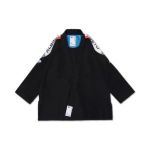 Albino & Preto BRG Comp BJJ Gi – Black, 380GSM Pearl Weave jacket front Albino & Preto BRG Comp BJJ Gi black jacket front, 380GSM Pearl Weave, MN001 fit, BRG accents, IBJJF approved for competition.