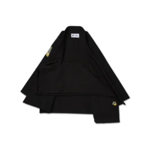 Albino & Preto Essential BJJ Gi Black full set, 400GSM pearl weave, YB yellow/blue embroidery, 10oz cotton pants, adult use