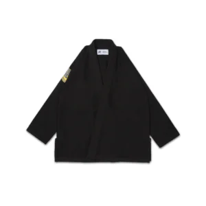 Albino & Preto Essential BJJ Gi Black top front angle, 400GSM pearl weave with YB yellow/blue embroidery for adult training and competition