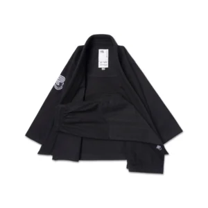 Albino & Preto Essential Kids BJJ Gi black – 350GSM pearl weave top, 8oz cotton pants, BW embroidery, full set view