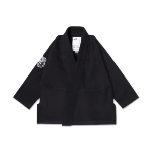 Albino & Preto Essential Kids BJJ Gi, black — top front view of 350GSM pearl weave jacket with BW embroidery; imported