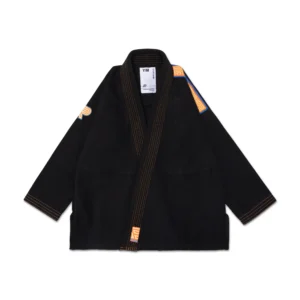 Albino & Preto OBY HB Classic Kids BJJ Gi in black, front jacket view; 380GSM Pearl Weave with orange, blue, and yellow OBY embroidery, IBJJF approved.