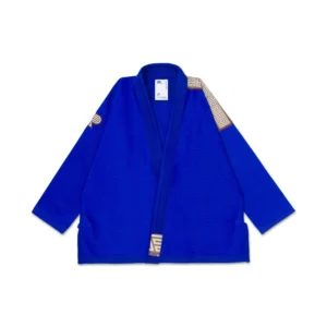 Front view of Albino & Preto POC HB Classic BJJ Gi in royal blue, 400gsm pearl weave, MN001 fit, IBJJF approved with POC accents