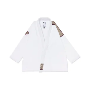 Front view of Albino & Preto POC HB Classic BJJ Gi White, 400gsm pearl weave jacket with MN001 fit and IBJJF approval