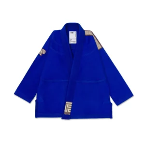 Albino & Preto POC kids BJJ Gi blue front view, 380GSM pearl weave jacket, IBJJF approved youth uniform