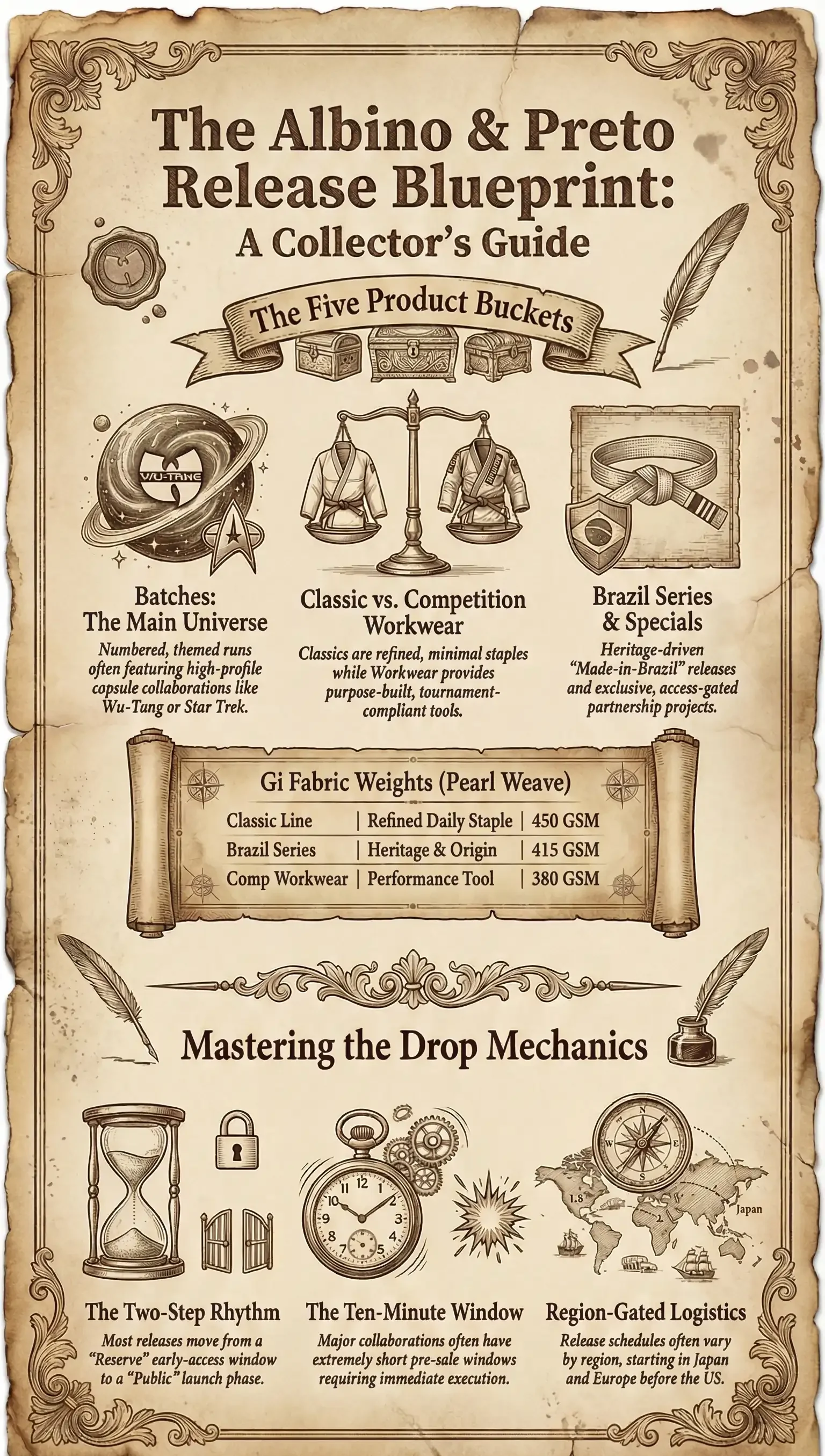 Albino & Preto Release Blueprint guide illustrating BJJ gi product categories, fabric weights, and drop mechanics with a vintage parchment background.