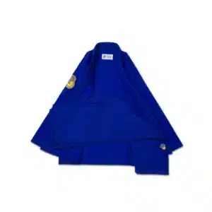 Albino & Preto YB Essential BJJ Gi Blue full set—400GSM pearl weave top, 10oz cotton pants, yellow/blue embroidery, adult fit
