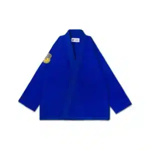 Albino & Preto YB Essential BJJ Gi Blue top, front view, 400GSM pearl weave with yellow/blue embroidery for adult training