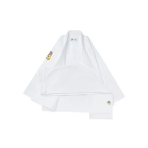 Albino & Preto YB Essential BJJ Gi set in white—400GSM pearl weave jacket and 10oz cotton pants with blue and yellow embroidery