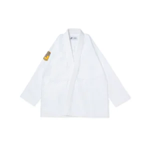 Albino & Preto YB Essential BJJ Gi jacket front in white 400GSM pearl weave with blue and yellow embroidery for adult training
