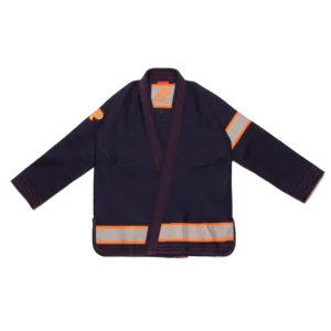 Front view of Albino and Preto Batch 49 The Journey navy BJJ kimono jacket showing pearl weave and reflective taping
