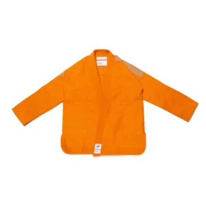 Front view of Albino and Preto Batch 55 Jaffa QS Kimono jacket in orange with teal patches and pearl weave fabric