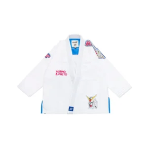 Front view of Albino and Preto Wing Gundam White jacket with embroidered Albino and Preto logo on sleeve.