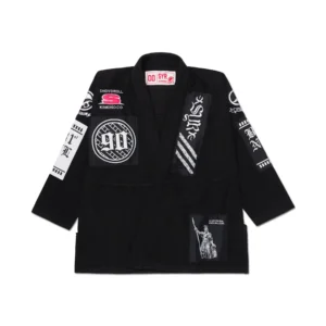 Beast Retro Kimono Black front view showcasing jacket with large graphic patches and embroidery details.