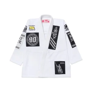 Beast Retro Kimono Jacket Front View White Front view of the Beast Retro Kimono white jacket showcasing heavy patchwork and signature Beast iconography.