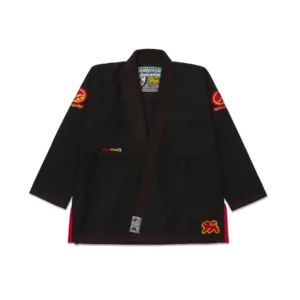 Blackstar Retro Kimono front view showcasing black jacket with red and yellow Shoyoroll logo embroidery on sleeves.