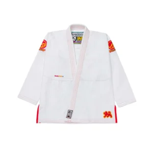 Blackstar Retro Kimono White – Front View with Sleeve Embroidery Shoyoroll Blackstar Retro Kimono White Front View with Red and Yellow Sleeve Embroidery