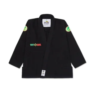 Front view of Bob Marley Kimono V1 Black with red, yellow, and green Shoyoroll logo embroidery on both sleeves.