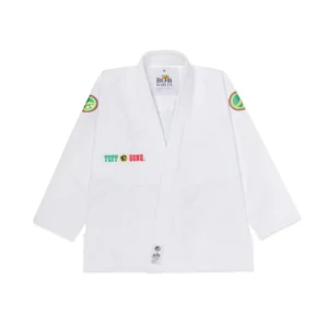 Bob Marley Kimono V2 Front View with Shoyoroll Logo Embroidery in Red, Yellow, and Green Front view of Bob Marley Kimono V2 with Shoyoroll logo embroidery in red, yellow, and green on both sleeves.