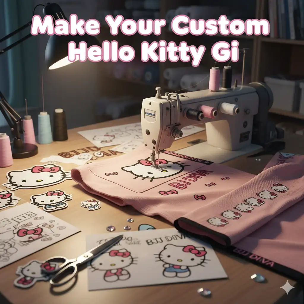 Custom Hello Kitty Gi with Hello Kitty embroidery, personalized BJJ gi design, featuring playful patches and unique customization for Brazilian Jiu-Jitsu.