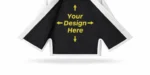 The inner lining of a customizable white Brazilian Jiu-Jitsu gi with the text "Your Design Here" in bright yellow, surrounded by directional arrows for personalization.