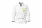 Customizable white Brazilian Jiu-Jitsu gi jacket with a yellow heart-shaped design on the chest, featuring a personalized text area for logos or names.