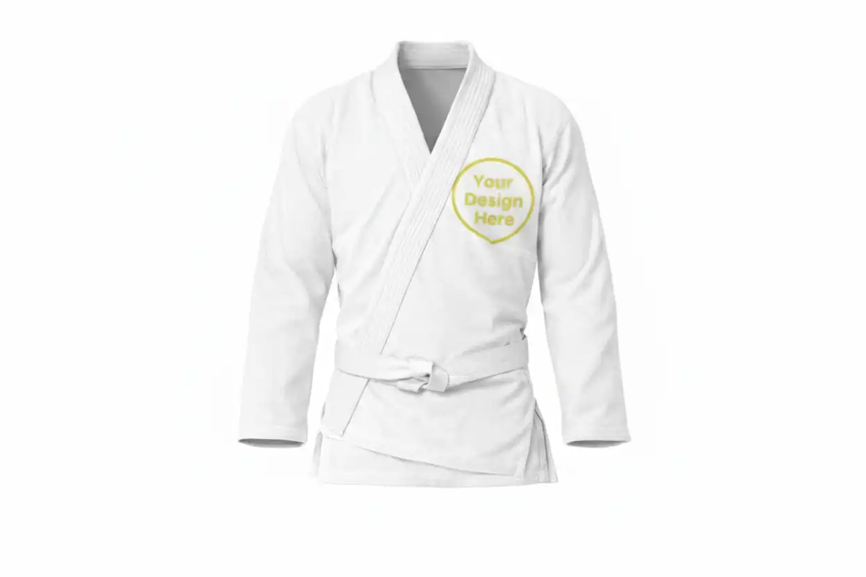Customizable white Brazilian Jiu-Jitsu gi jacket with a yellow heart-shaped design on the chest, featuring a personalized text area for logos or names.