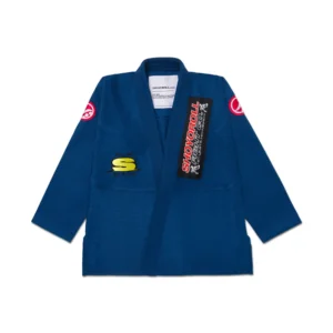 Front view of blue Shoyoroll FC Kimono jacket showing “Shoyoroll Fightco No Limits No Mercy” chest sticker