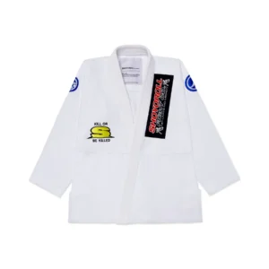 FC Kimono White front view showing “Shoyoroll fightco. no limits no mercy” sticker and clean pearl weave