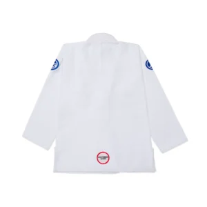 FC Kimono White back view featuring bold back embroidery and clean panel design for performance