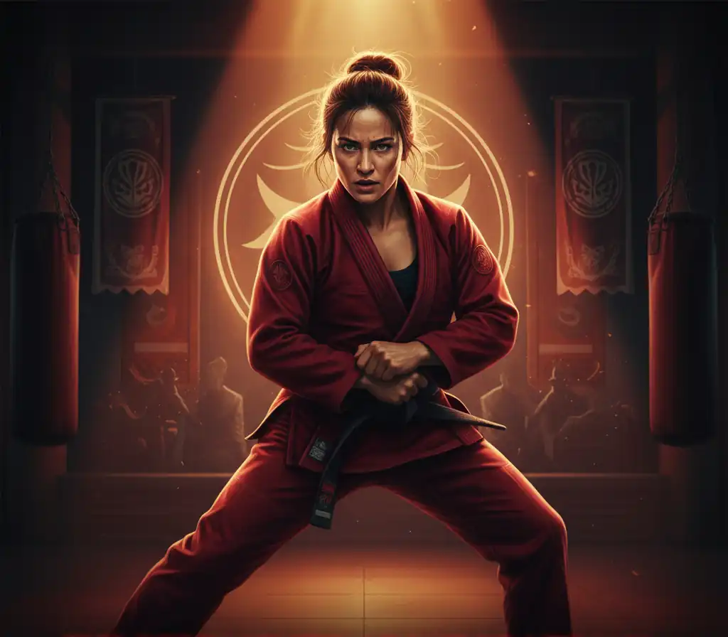 Female Brazilian Jiu Jitsu fighter performing a dramatic submission hold, with cinematic lighting and action-packed visual style.
