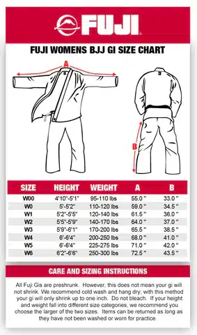 Women Fuji BJJ Gi size chart, displaying size options from A0 to A5, with height and weight specifications for an optimal fit.