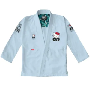 Hello Kitty Gi x Moya Aloha BJJ Gi Jacket Front View with Embroidery and Tropical Print Limited Edition Hello Kitty Gi x Moya Aloha BJJ gi jacket front showing embroidery and floral tropical design details